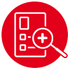 Icon mit einem Dokument und einer Lupe, symbolisiert Suche oder Prüfung von Informationen